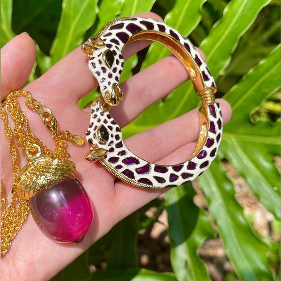 Kenneth Jay Lane Giraffe Bangle & Acorn Pendant Necklace Set – Enamel, Gold Tone - Picture 1 of 8